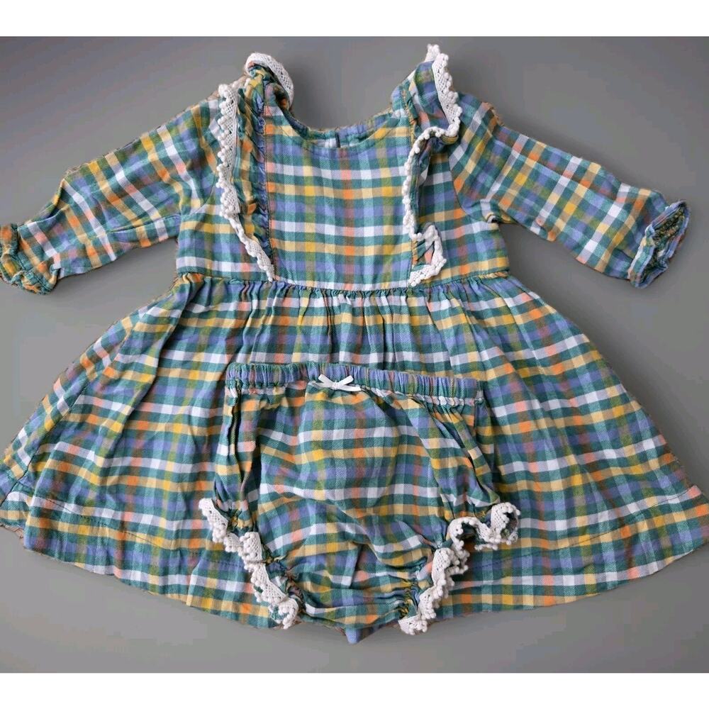Pink Chicken Dress Cotton Green Ruffles Country 3-6mos Boho Long Sleeves